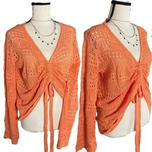 Saodimallsu Orange Crochet Ruched Tie Sweater – Slouchy Fit | New